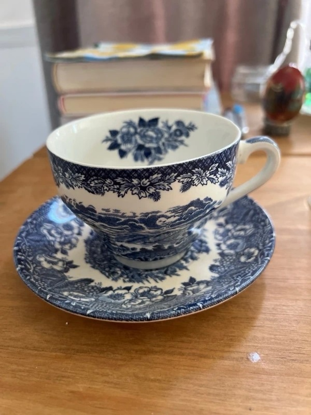 Blue and White Floral Porcelain Teacup with Saucer
